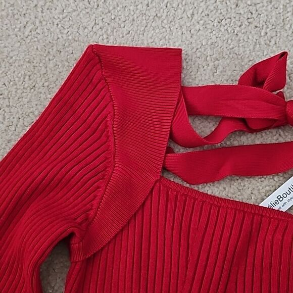 AmélieBoutik Women Square Neck Tie Back Long Sleeve Ribbed Sweater Red L - Picture 8 of 10